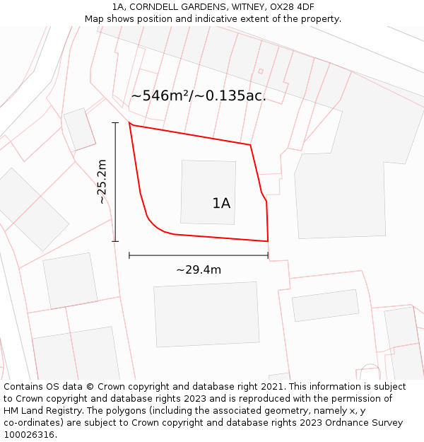 1A, CORNDELL GARDENS, WITNEY, OX28 4DF: Plot and title map