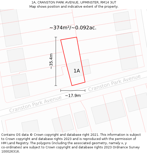 1A, CRANSTON PARK AVENUE, UPMINSTER, RM14 3UT: Plot and title map