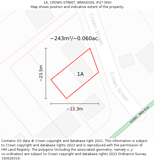 1A, CROWN STREET, BRANDON, IP27 0NH: Plot and title map