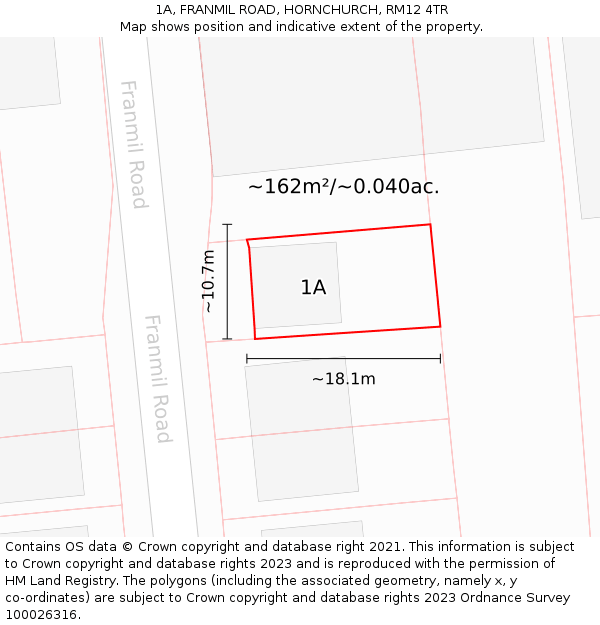 1A, FRANMIL ROAD, HORNCHURCH, RM12 4TR: Plot and title map