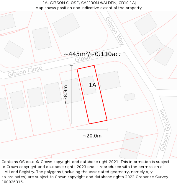 1A, GIBSON CLOSE, SAFFRON WALDEN, CB10 1AJ: Plot and title map