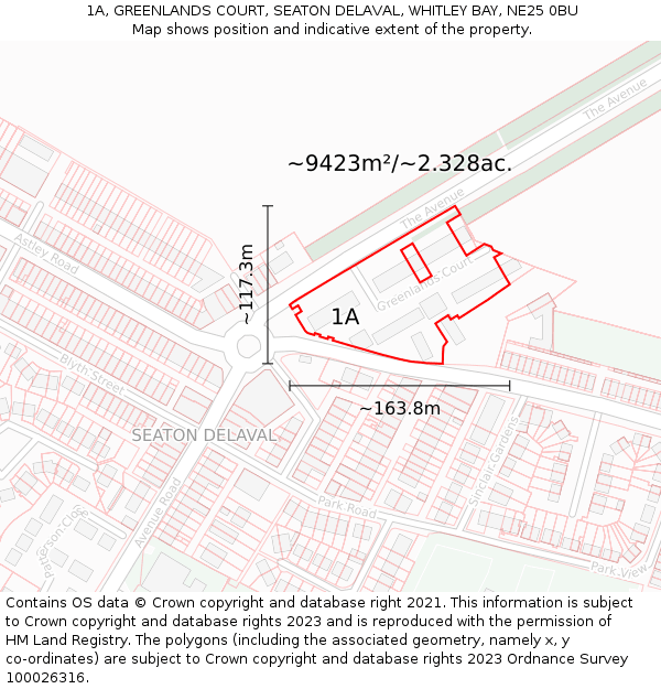 1A, GREENLANDS COURT, SEATON DELAVAL, WHITLEY BAY, NE25 0BU: Plot and title map