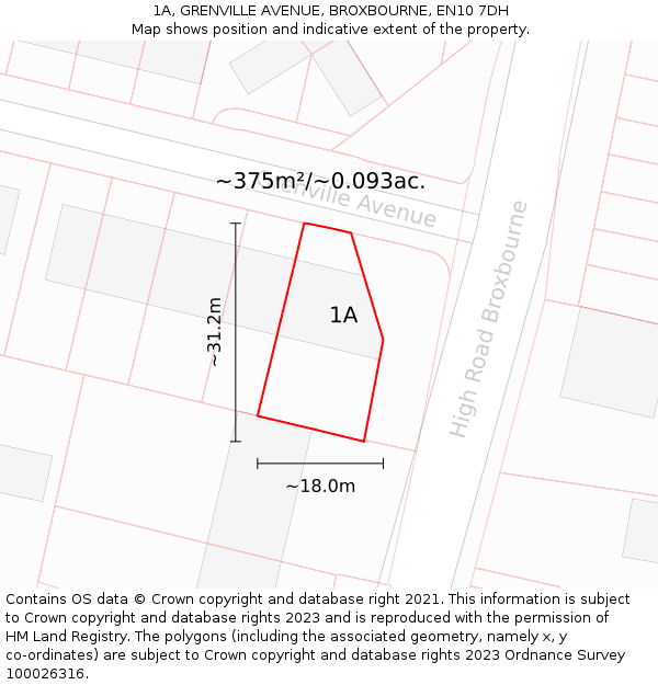 1A, GRENVILLE AVENUE, BROXBOURNE, EN10 7DH: Plot and title map