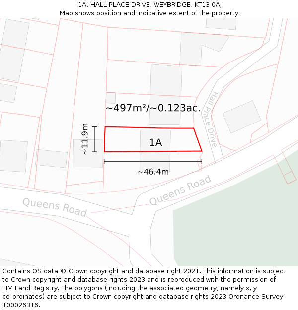 1A, HALL PLACE DRIVE, WEYBRIDGE, KT13 0AJ: Plot and title map