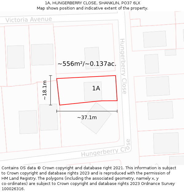 1A, HUNGERBERRY CLOSE, SHANKLIN, PO37 6LX: Plot and title map