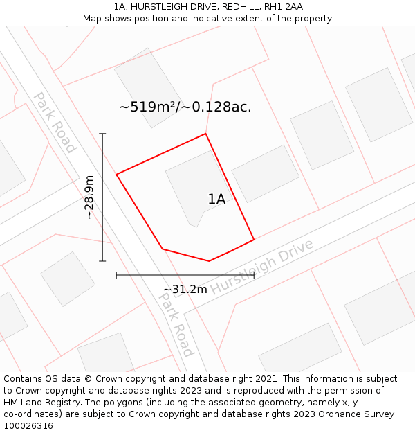 1A, HURSTLEIGH DRIVE, REDHILL, RH1 2AA: Plot and title map