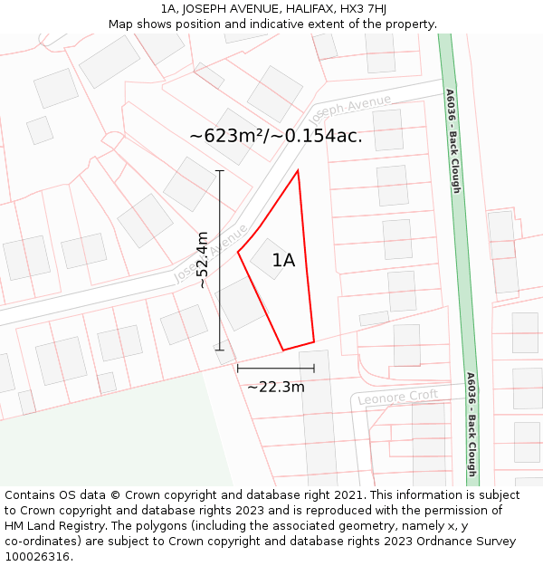 1A, JOSEPH AVENUE, HALIFAX, HX3 7HJ: Plot and title map