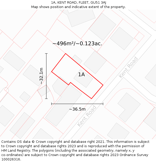 1A, KENT ROAD, FLEET, GU51 3AJ: Plot and title map