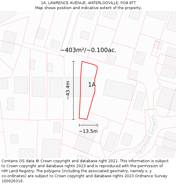 1A, LAWRENCE AVENUE, WATERLOOVILLE, PO8 8TT: Plot and title map