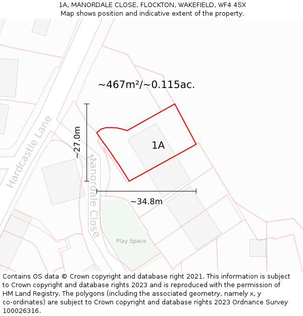 1A, MANORDALE CLOSE, FLOCKTON, WAKEFIELD, WF4 4SX: Plot and title map