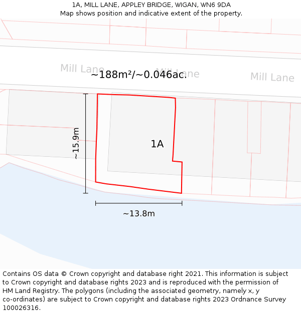 1A, MILL LANE, APPLEY BRIDGE, WIGAN, WN6 9DA: Plot and title map