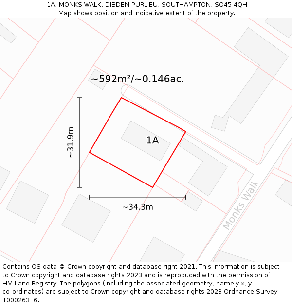 1A, MONKS WALK, DIBDEN PURLIEU, SOUTHAMPTON, SO45 4QH: Plot and title map