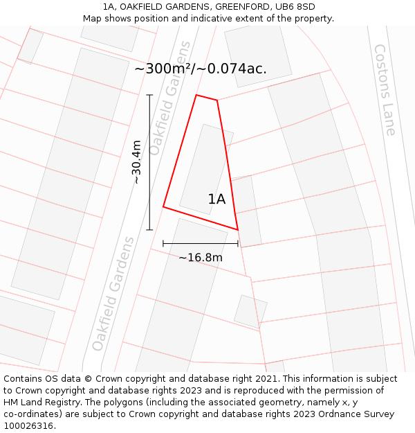 1A, OAKFIELD GARDENS, GREENFORD, UB6 8SD: Plot and title map