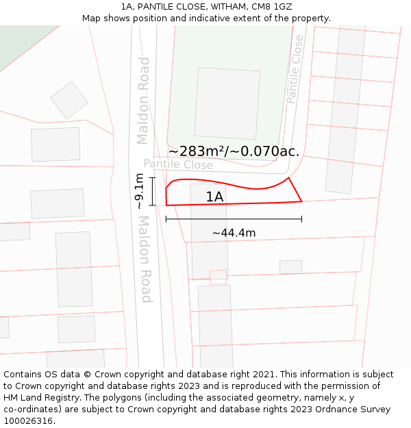 1A, PANTILE CLOSE, WITHAM, CM8 1GZ: Plot and title map