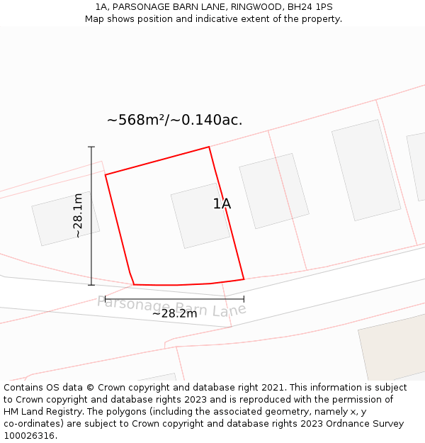 1A, PARSONAGE BARN LANE, RINGWOOD, BH24 1PS: Plot and title map