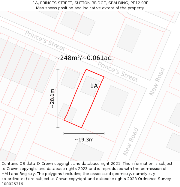 1A, PRINCES STREET, SUTTON BRIDGE, SPALDING, PE12 9RF: Plot and title map