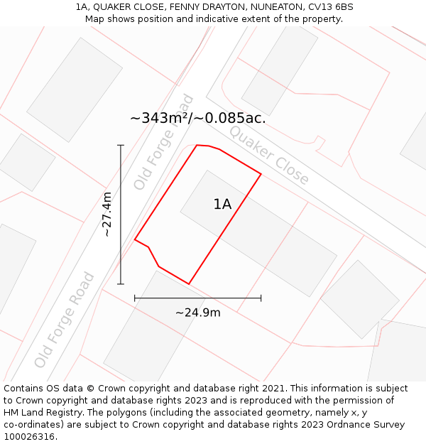 1A, QUAKER CLOSE, FENNY DRAYTON, NUNEATON, CV13 6BS: Plot and title map