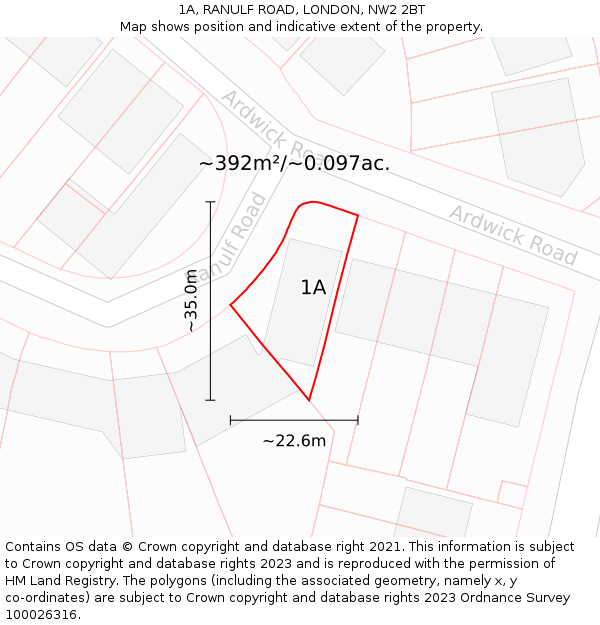 1A, RANULF ROAD, LONDON, NW2 2BT: Plot and title map