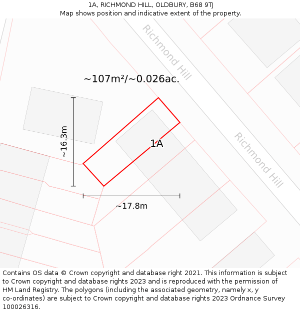 1A, RICHMOND HILL, OLDBURY, B68 9TJ: Plot and title map