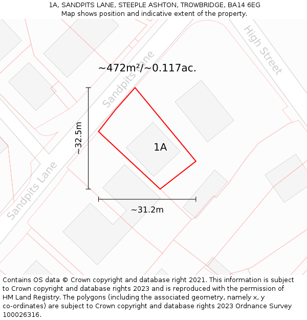 1A, SANDPITS LANE, STEEPLE ASHTON, TROWBRIDGE, BA14 6EG: Plot and title map