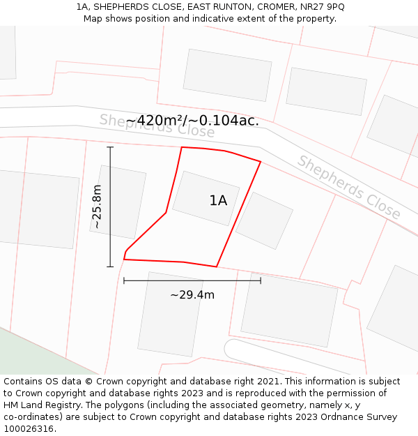 1A, SHEPHERDS CLOSE, EAST RUNTON, CROMER, NR27 9PQ: Plot and title map