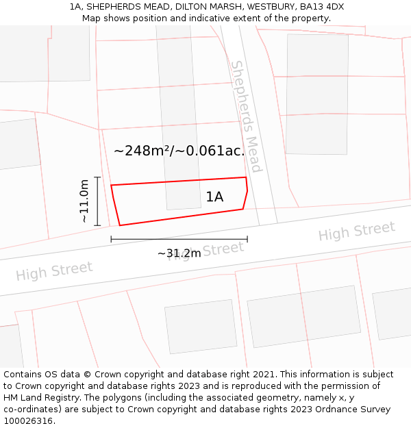 1A, SHEPHERDS MEAD, DILTON MARSH, WESTBURY, BA13 4DX: Plot and title map