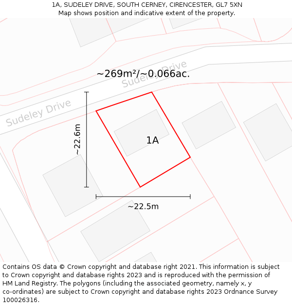 1A, SUDELEY DRIVE, SOUTH CERNEY, CIRENCESTER, GL7 5XN: Plot and title map