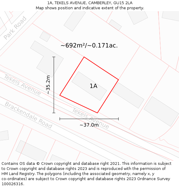 1A, TEKELS AVENUE, CAMBERLEY, GU15 2LA: Plot and title map