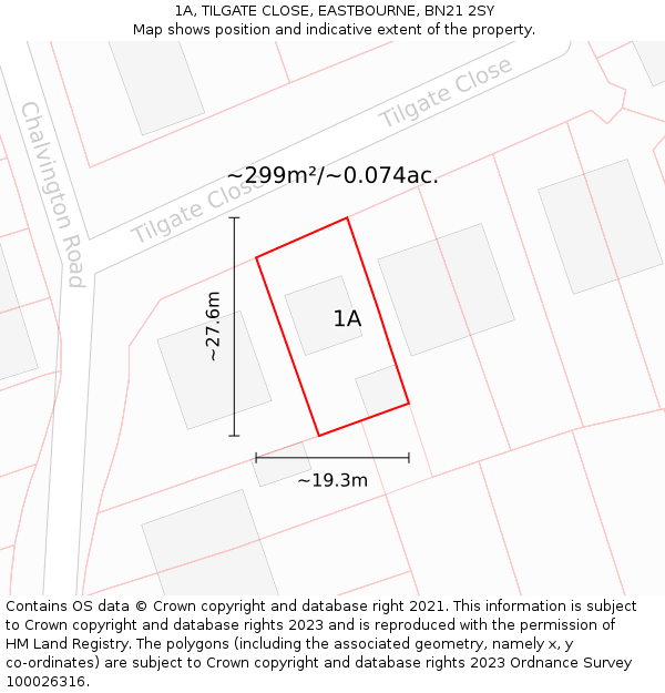 1A, TILGATE CLOSE, EASTBOURNE, BN21 2SY: Plot and title map