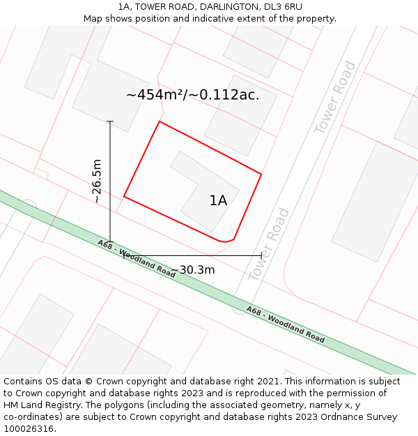 1A, TOWER ROAD, DARLINGTON, DL3 6RU: Plot and title map