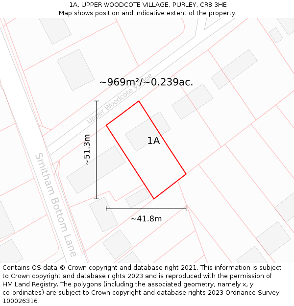 1A, UPPER WOODCOTE VILLAGE, PURLEY, CR8 3HE: Plot and title map