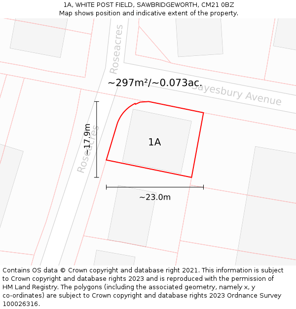 1A, WHITE POST FIELD, SAWBRIDGEWORTH, CM21 0BZ: Plot and title map