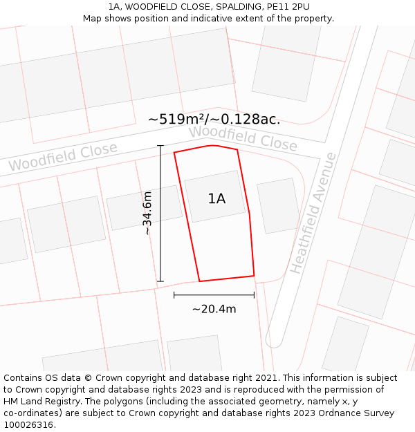 1A, WOODFIELD CLOSE, SPALDING, PE11 2PU: Plot and title map