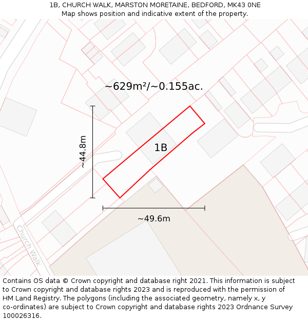 1B, CHURCH WALK, MARSTON MORETAINE, BEDFORD, MK43 0NE: Plot and title map