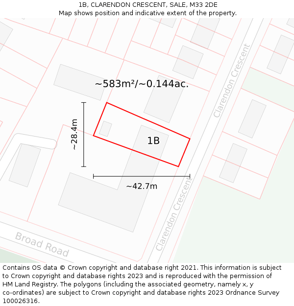 1B, CLARENDON CRESCENT, SALE, M33 2DE: Plot and title map