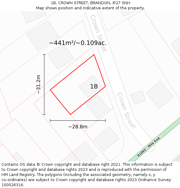 1B, CROWN STREET, BRANDON, IP27 0NH: Plot and title map