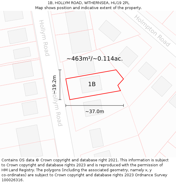 1B, HOLLYM ROAD, WITHERNSEA, HU19 2PL: Plot and title map