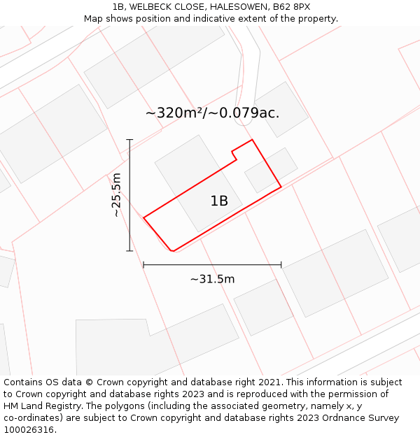 1B, WELBECK CLOSE, HALESOWEN, B62 8PX: Plot and title map