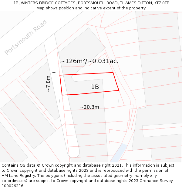 1B, WINTERS BRIDGE COTTAGES, PORTSMOUTH ROAD, THAMES DITTON, KT7 0TB: Plot and title map