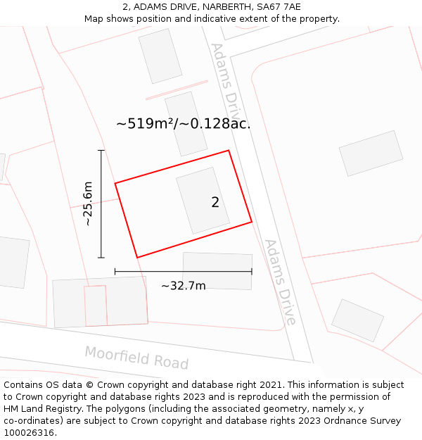 2, ADAMS DRIVE, NARBERTH, SA67 7AE: Plot and title map