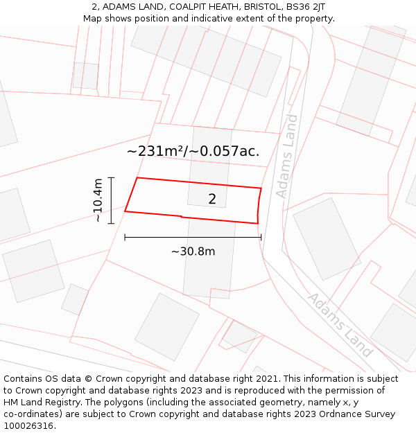 2, ADAMS LAND, COALPIT HEATH, BRISTOL, BS36 2JT: Plot and title map