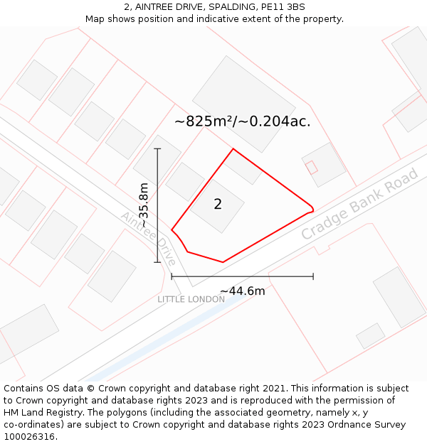 2, AINTREE DRIVE, SPALDING, PE11 3BS: Plot and title map