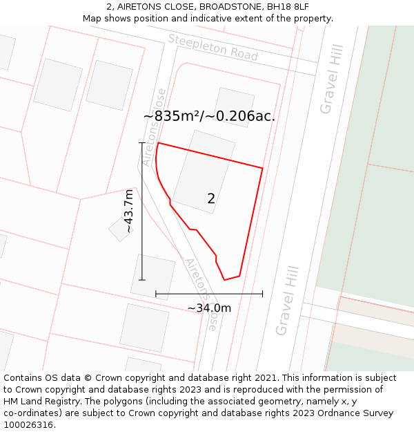 2, AIRETONS CLOSE, BROADSTONE, BH18 8LF: Plot and title map