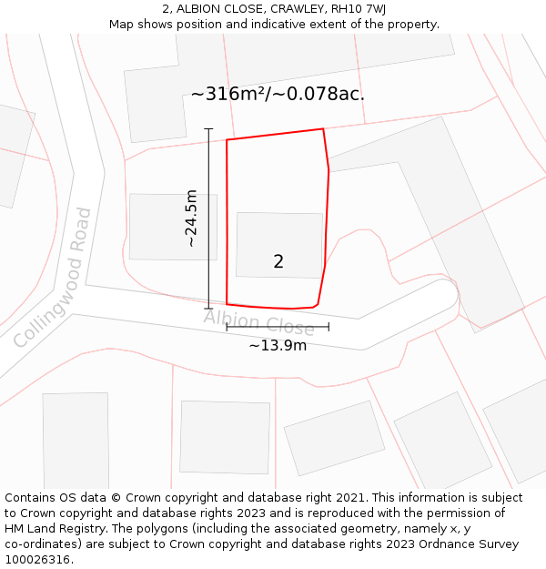 2, ALBION CLOSE, CRAWLEY, RH10 7WJ: Plot and title map