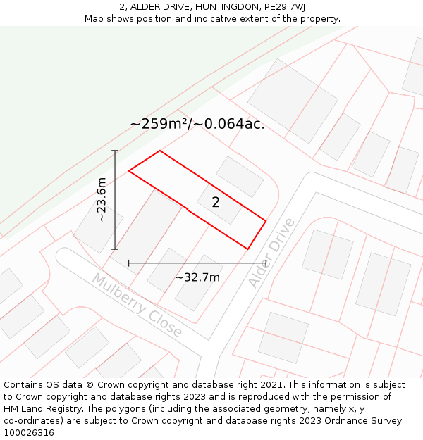 2, ALDER DRIVE, HUNTINGDON, PE29 7WJ: Plot and title map