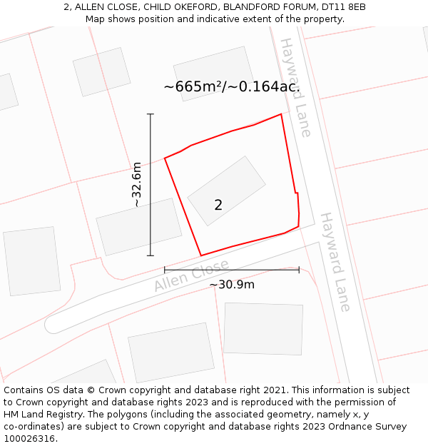 2, ALLEN CLOSE, CHILD OKEFORD, BLANDFORD FORUM, DT11 8EB: Plot and title map