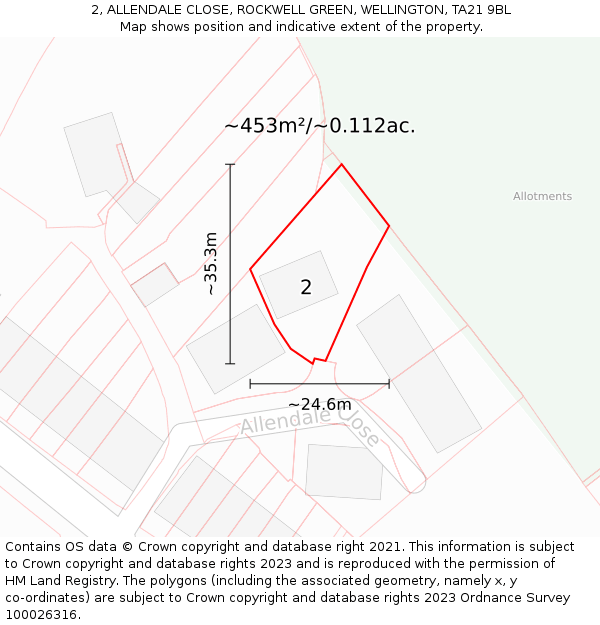 2, ALLENDALE CLOSE, ROCKWELL GREEN, WELLINGTON, TA21 9BL: Plot and title map