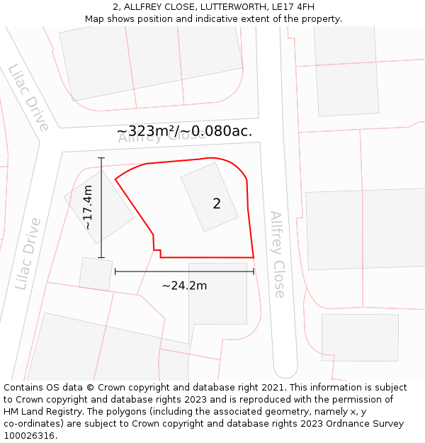 2, ALLFREY CLOSE, LUTTERWORTH, LE17 4FH: Plot and title map