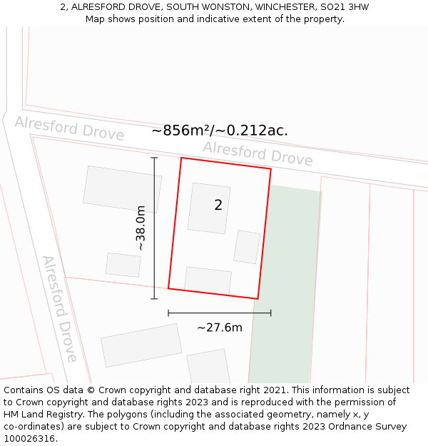 2, ALRESFORD DROVE, SOUTH WONSTON, WINCHESTER, SO21 3HW: Plot and title map