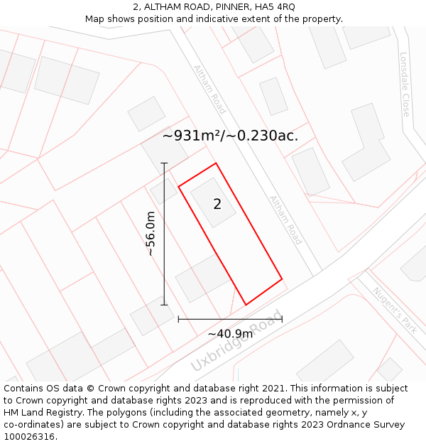 2, ALTHAM ROAD, PINNER, HA5 4RQ: Plot and title map